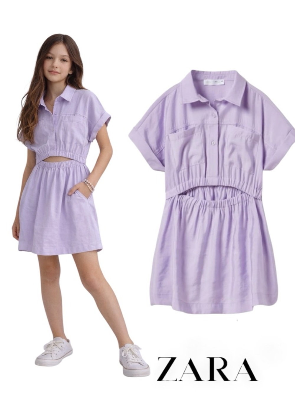 Zara Lavender Lilac Button-Front Cutout Dress